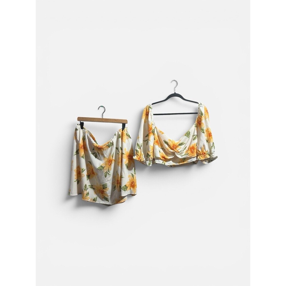 Plus Size Floral 2 Piece Set Womens 4X Tropical Jungle Ruched Blouse & Skirt